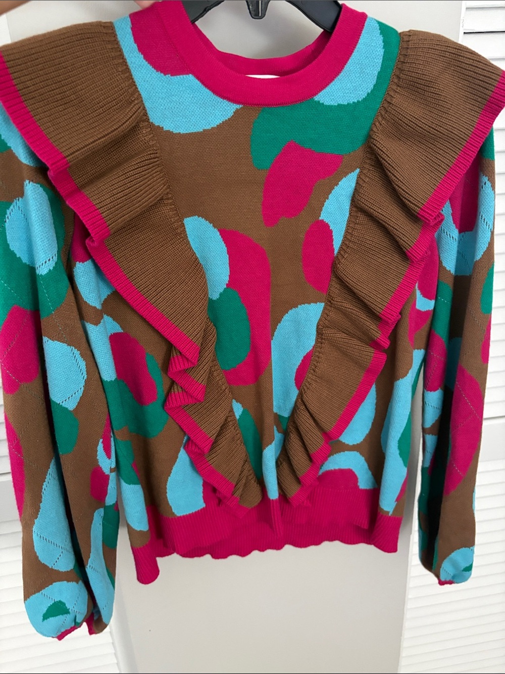 Emily McCarthy Ruffle Crewneck Sweater in Brown, Teal & Magenta